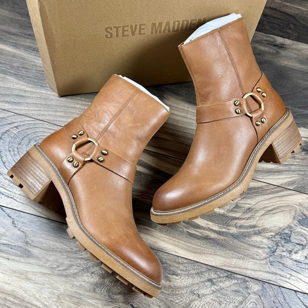 Steve Madden Cordelia 9M Cognac Leather Block Heel Harness Biker Ankle Boot